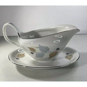 Bavaria Germany‎ Fine China Mid-Century Blue Brown Leaf Gravy Boat Silver Edging